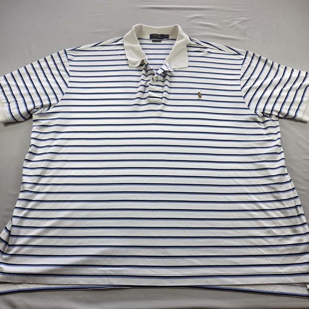 Polo Ralph Lauren Shirt Mens 3XB Pima Soft Touch White Blue Striped Short Sleeve